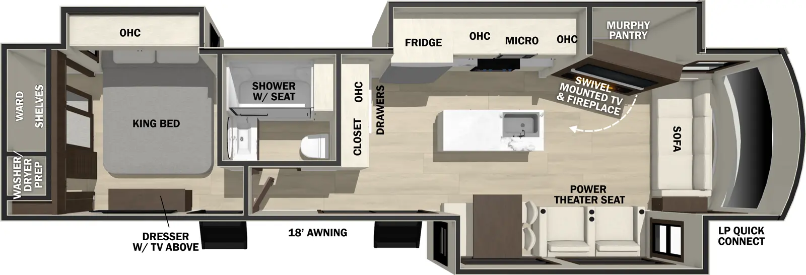 The Cedar Creek Cottage 40CCK floorplan has two entries and three slide outs. Exterior features include: fiberglass exterior and 18' awning. Interiors features include: kitchen island, free-standing dinette option, rear bedroom and front living.